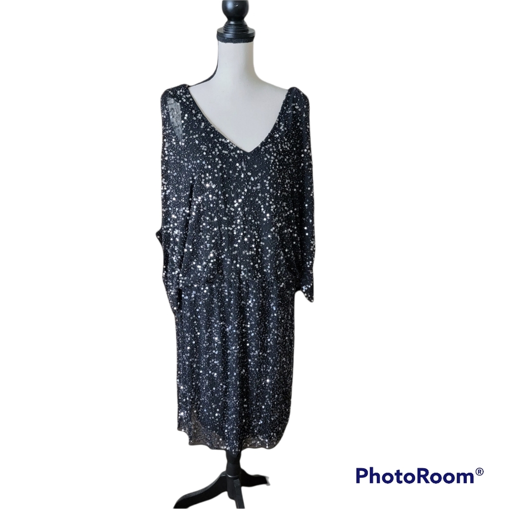 🌺 Pisarro Nights Black and Silver Sequin Midi Dress
